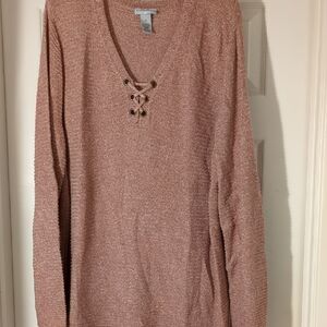 Catherines Pink Lace-Up V-Neck Sweater